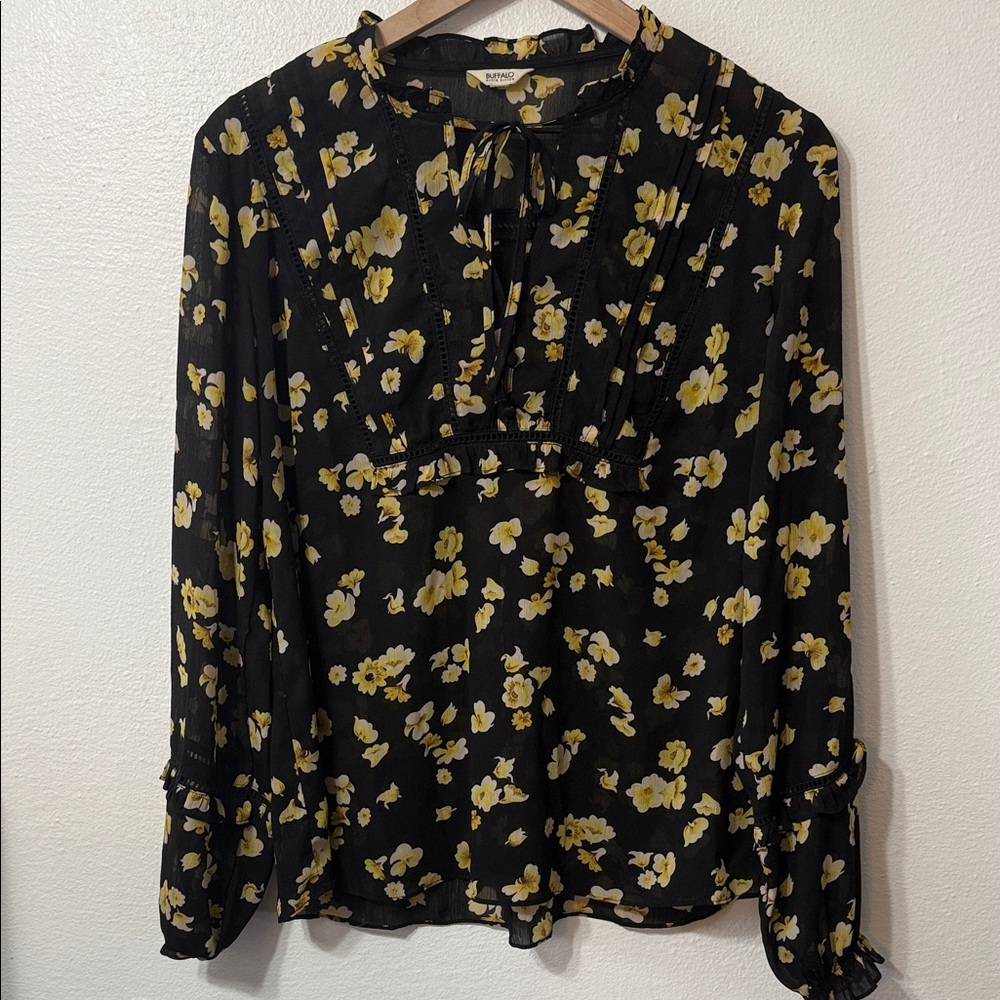 Buffalo David Bitton Black and Yellow Floral Blouse
